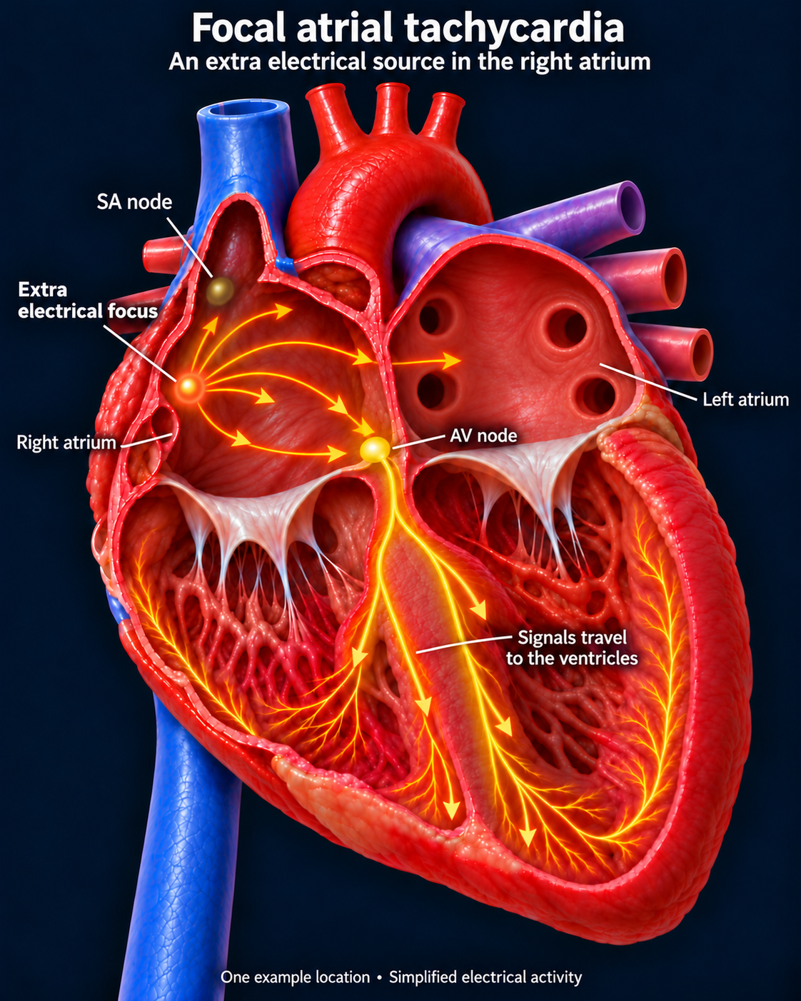 Labeled cutaway heart showing an extra electrical focus in the right atrium, separate from the SA node, with signals spreading across the atria and through the AV node to the ventricles.