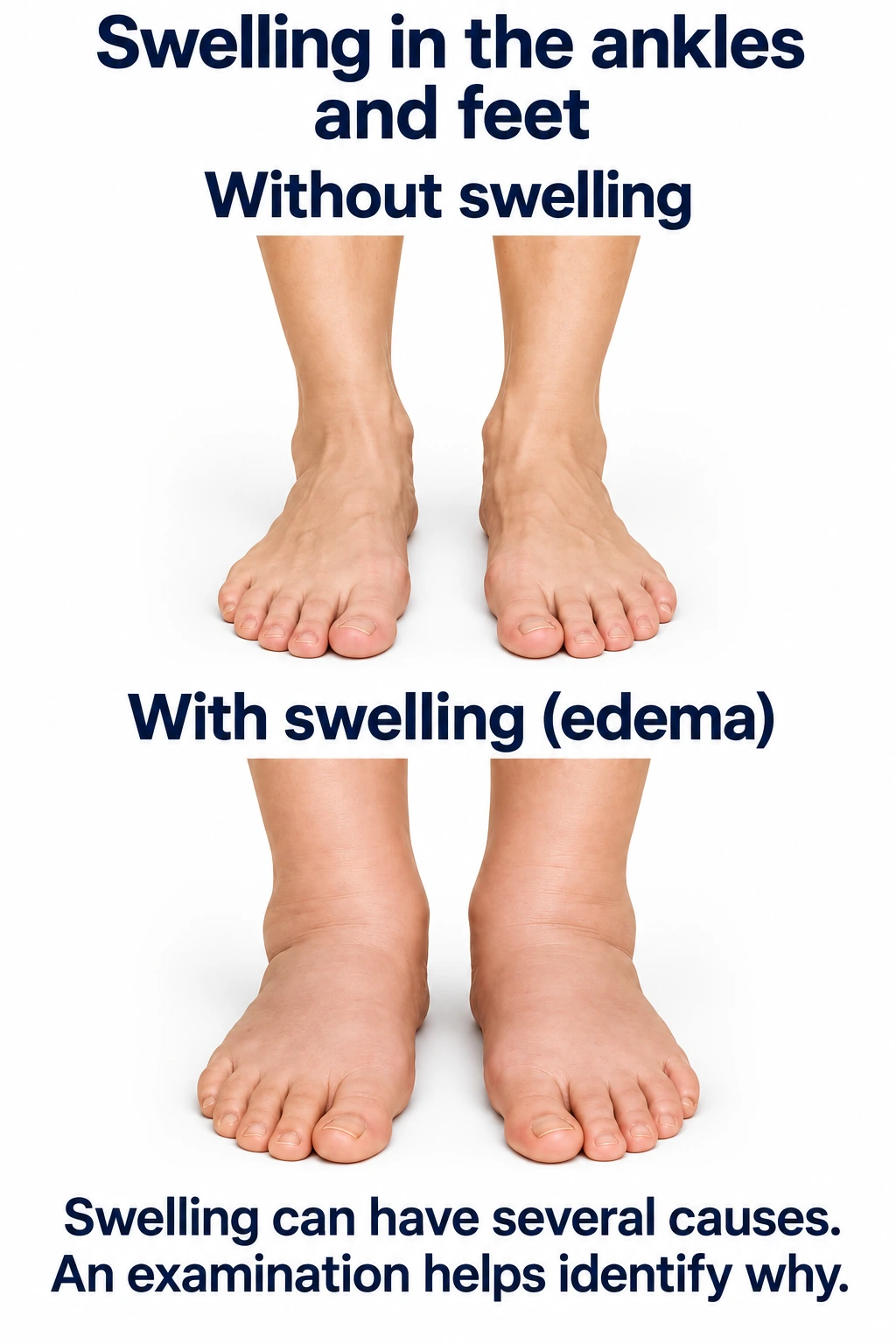 Illustrative comparison of ankles and feet without swelling and with edema.