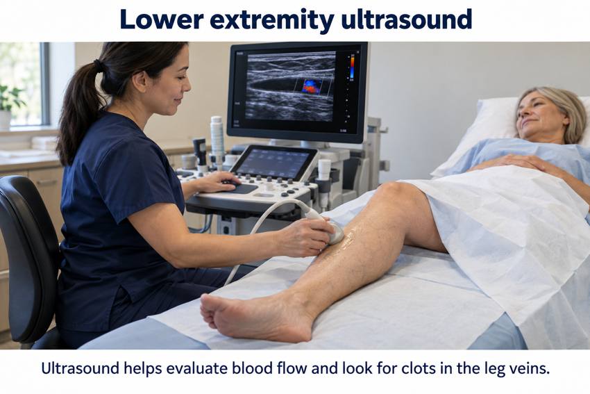 A patient receiving a leg vein ultrasound with a probe placed on the calf.