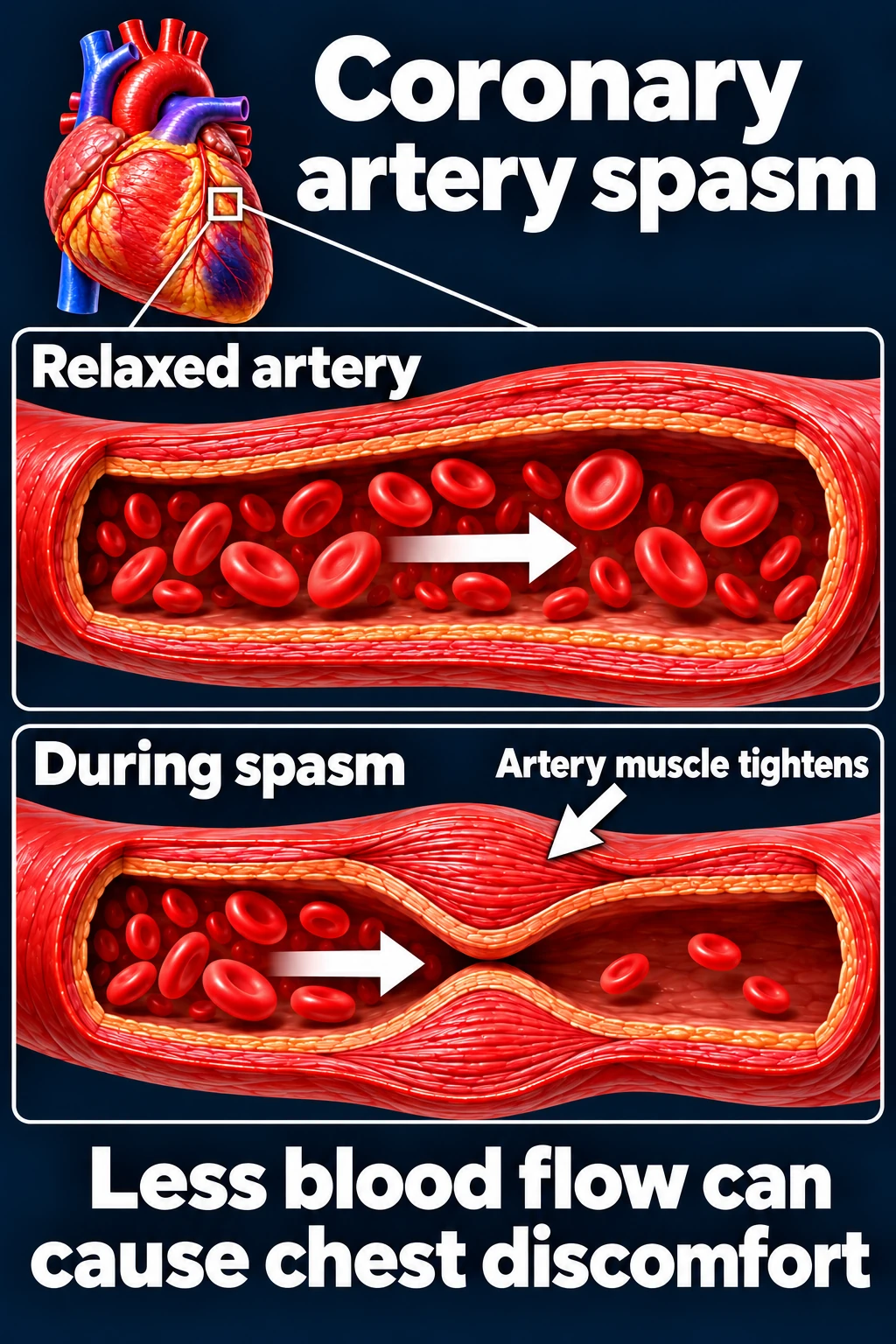 A relaxed coronary artery compared with an artery during spasm, showing muscular contraction and reduced blood flow.