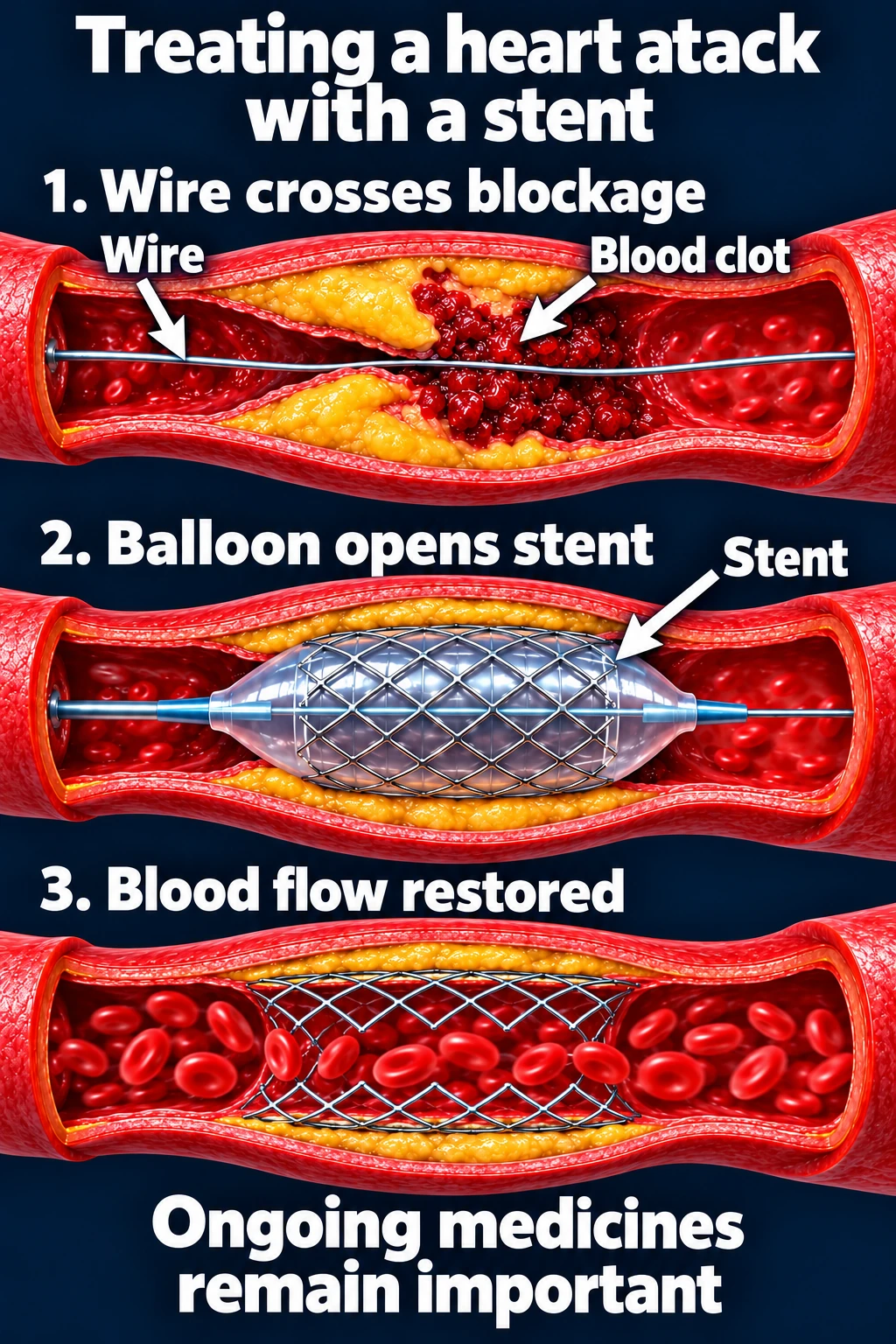 A guidewire crosses a coronary clot blockage, a balloon expands a stent, and the remaining stent supports restored blood flow.