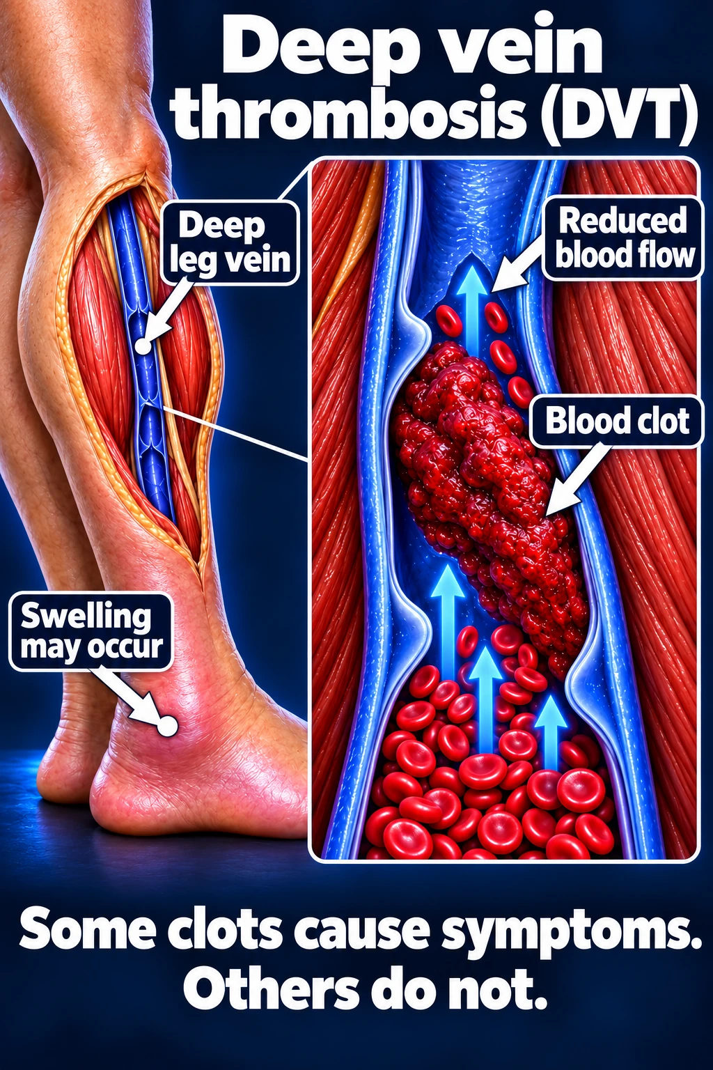 A blood clot obstructing a deep vein inside the calf, with reduced blood flow and possible swelling.