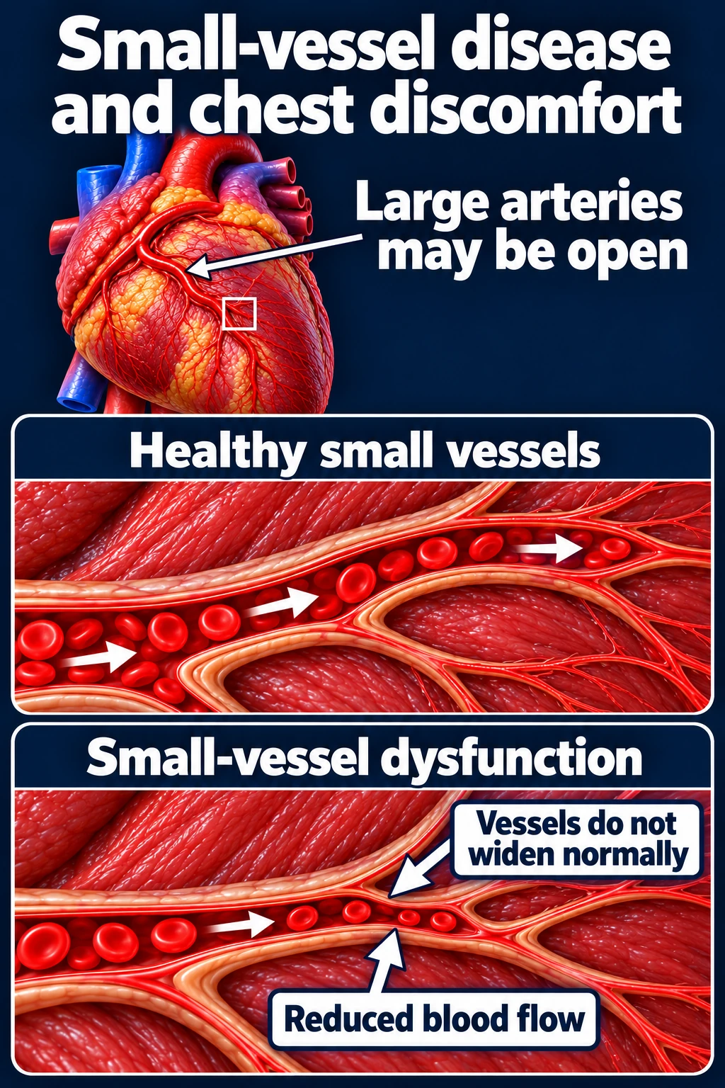 An open large coronary artery with magnified healthy tiny vessels compared with tiny vessels that do not widen normally.