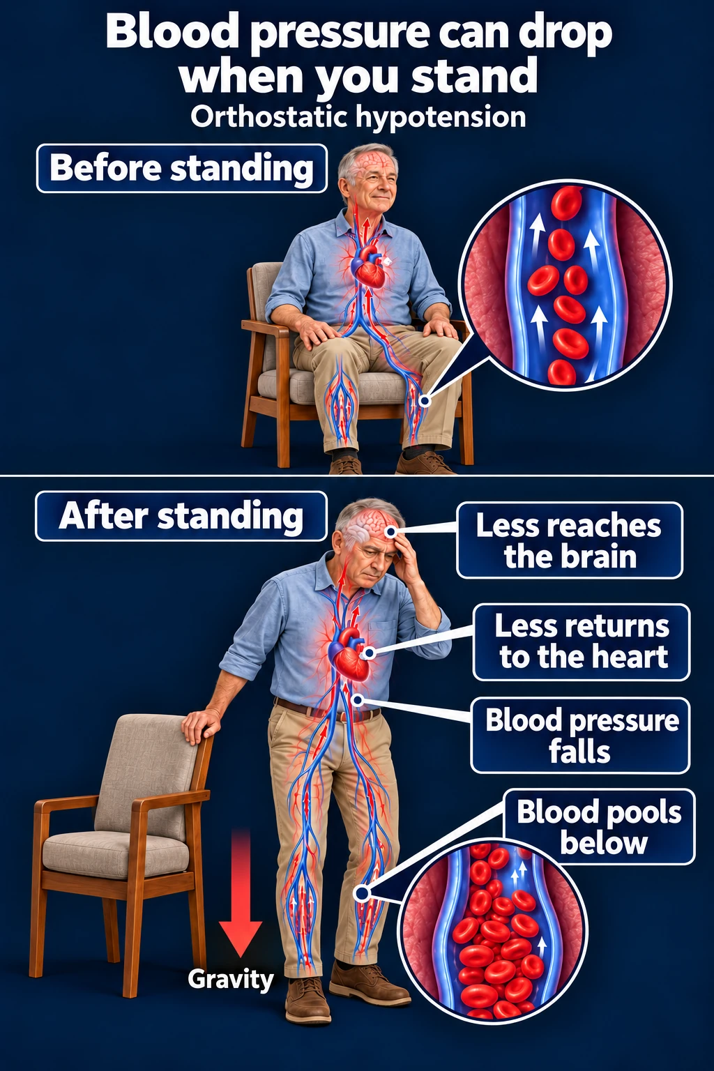 Orthostatic hypotension diagram showing blood pooling with standing, reduced venous return, and reduced cerebral perfusion