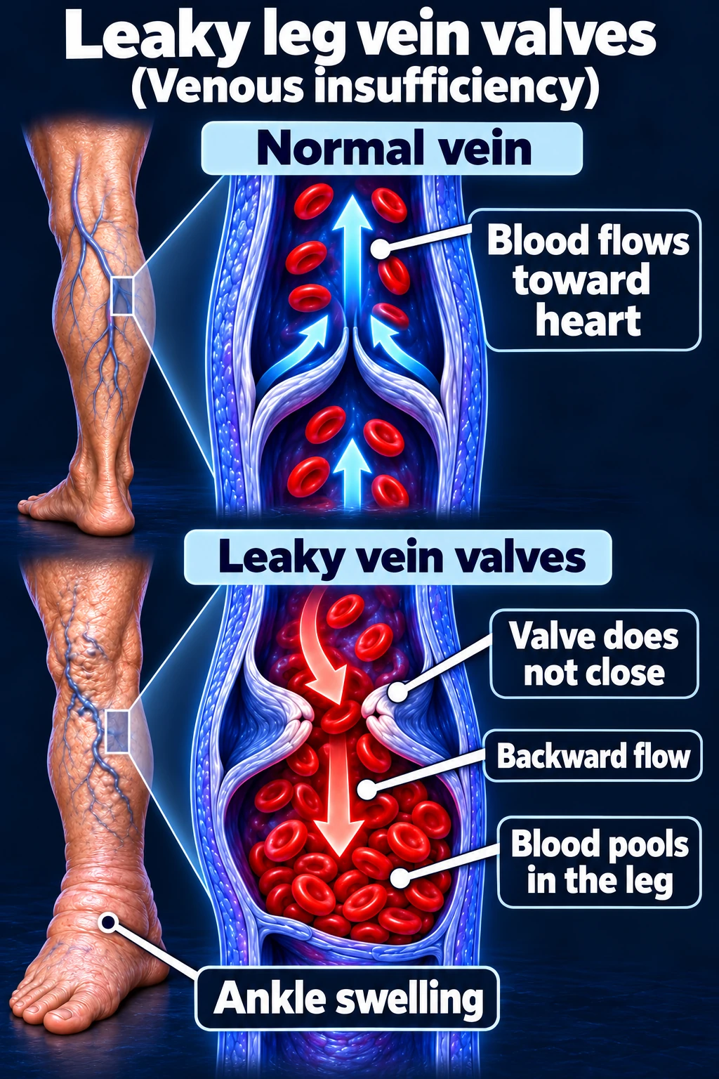Normal leg vein compared with leaky valves, backward blood flow, pooling, and ankle swelling.