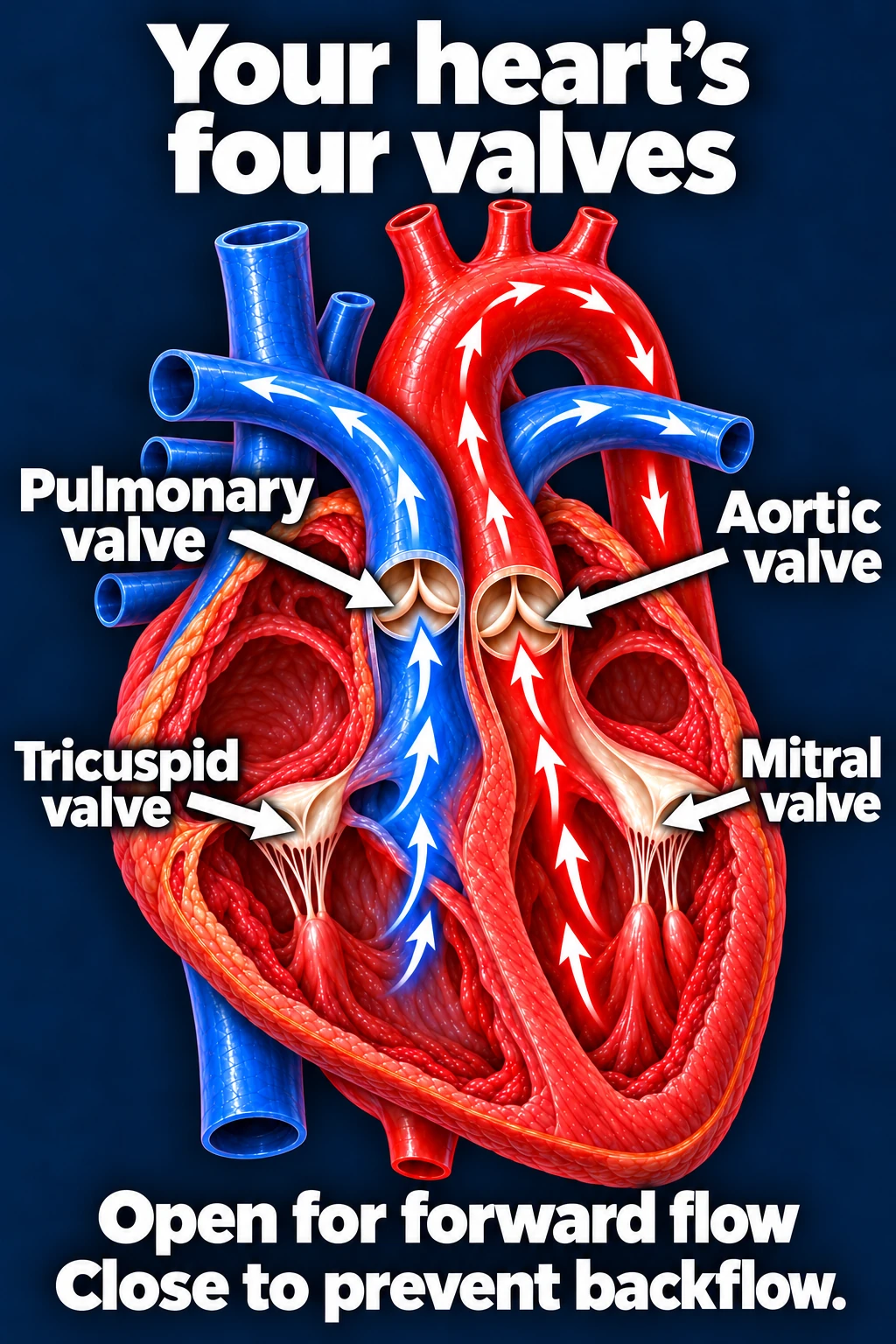 Heart diagram showing the tricuspid, pulmonary, mitral, and aortic valves with forward blood flow