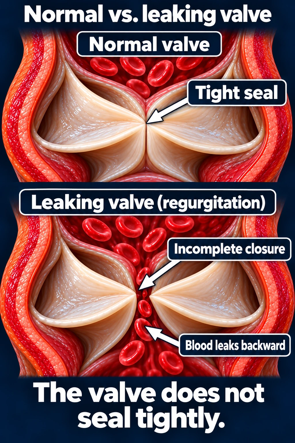 Normal closed valve compared with a regurgitant valve with incomplete closure and backward blood flow