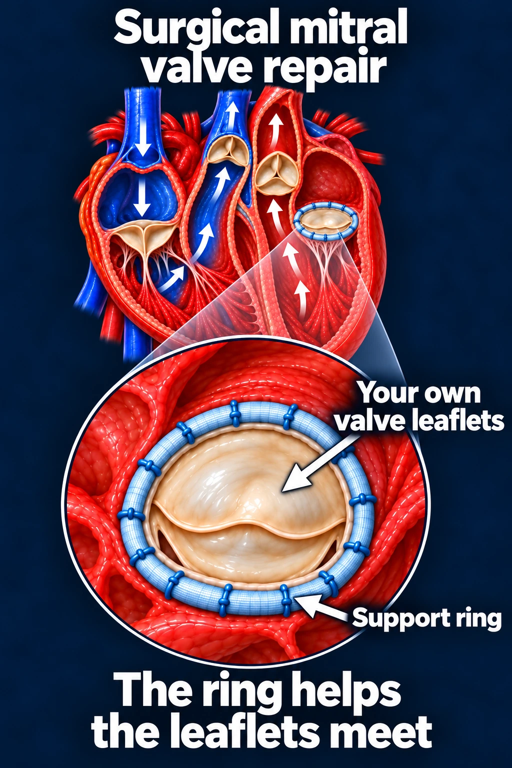 Surgical mitral repair with the patient’s native leaflets and an annuloplasty support ring