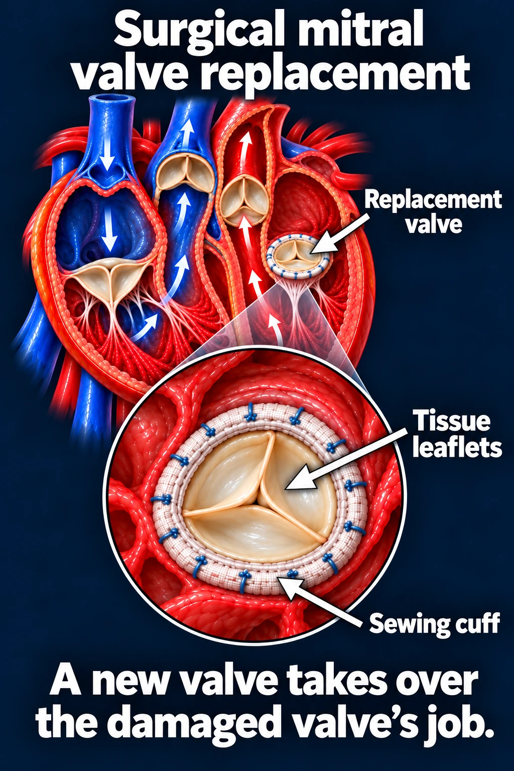 Surgically implanted tissue mitral valve with sewing cuff and sutures