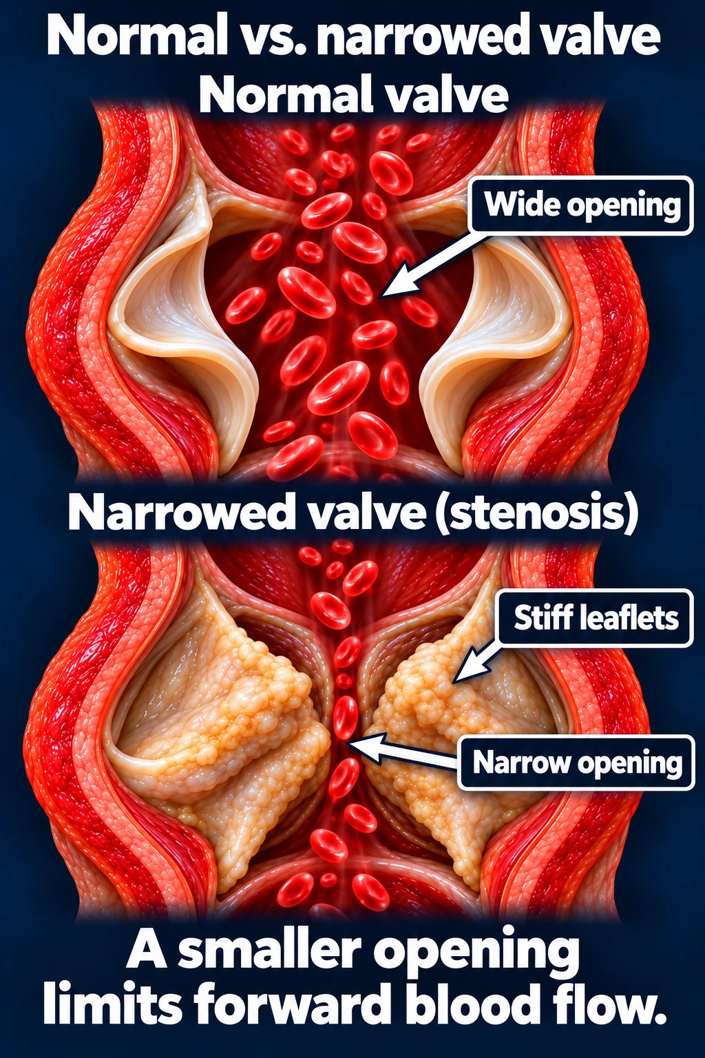 Normal open valve compared with a stenosed valve with stiff leaflets and a narrow opening