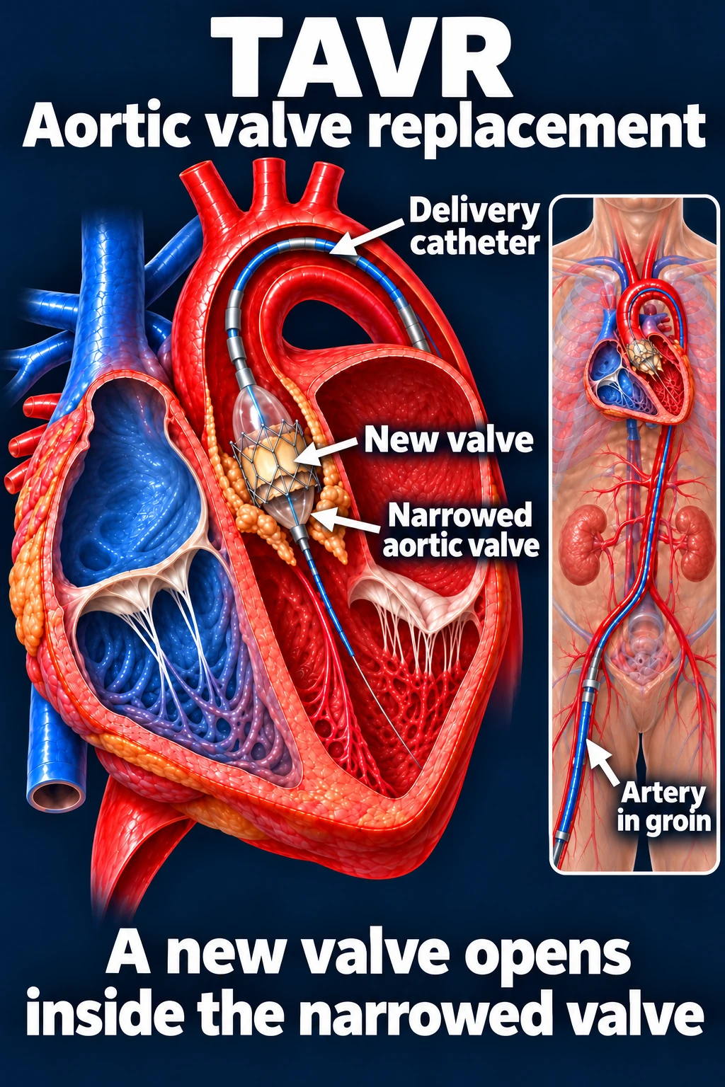 TAVR deployment at the native aortic valve, with a retrograde delivery catheter following the aorta from femoral artery access and a guidewire extending into the left ventricle.