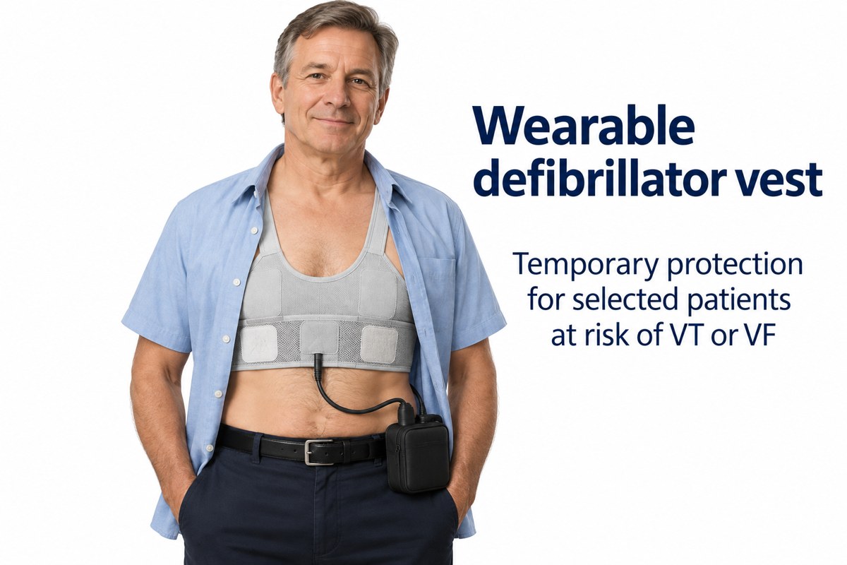 Patient wearing an external wearable defibrillator garment against the chest, with a portable monitor at the waist.